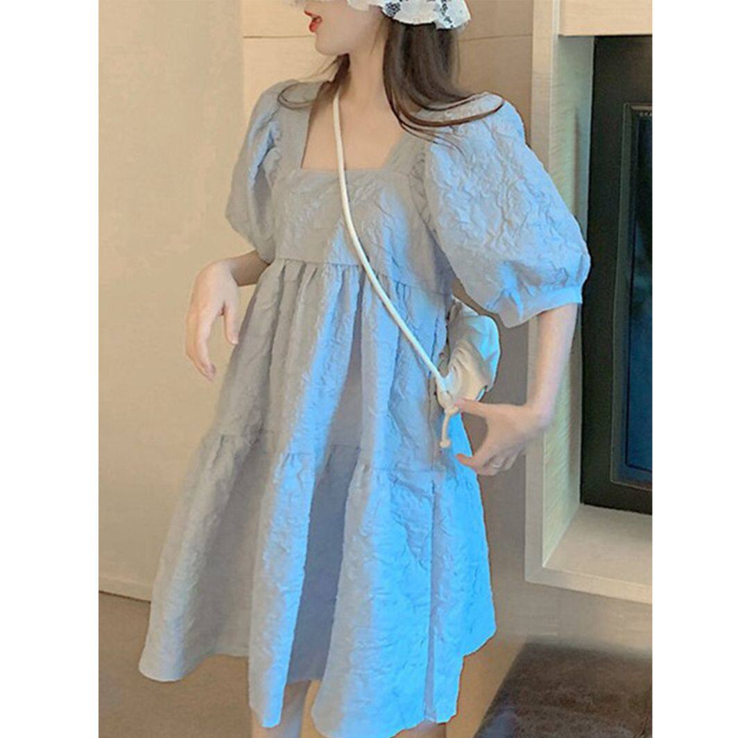 孕妇连衣裙夏小个子甜美夏季减龄方领泡泡袖裙子大码外穿薄款夏装