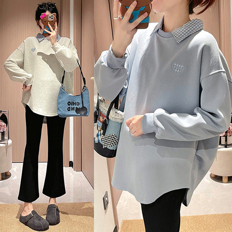 孕妇装上衣遮肚子春秋新款洋气宽松假两件长袖t恤秋季女孕妇卫衣