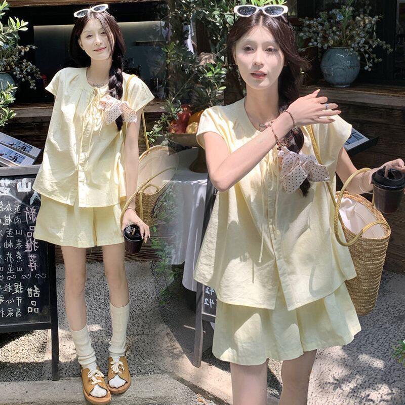 夏季纯色孕妇托腹短袖短裤套装