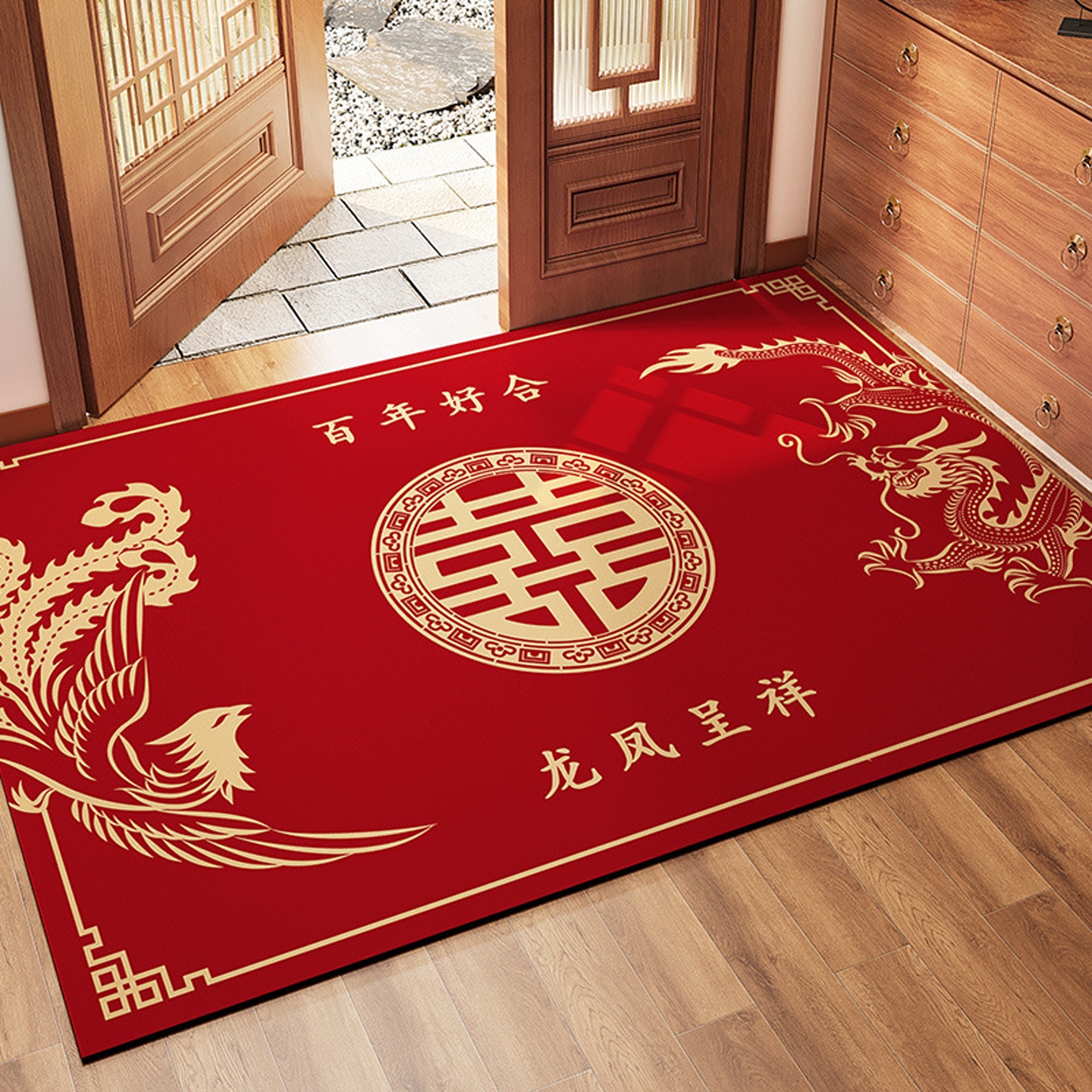 喜字结婚地垫喜庆入户门地垫门口进门家用硅藻泥脚垫新婚红地毯