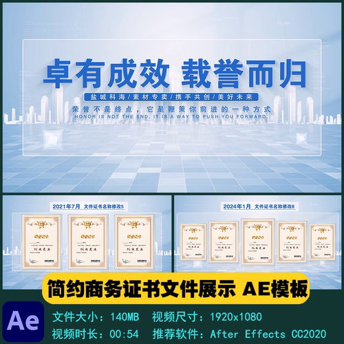AE模板 企业单位简约商务证书文件展示开场片头开场视频制作素材