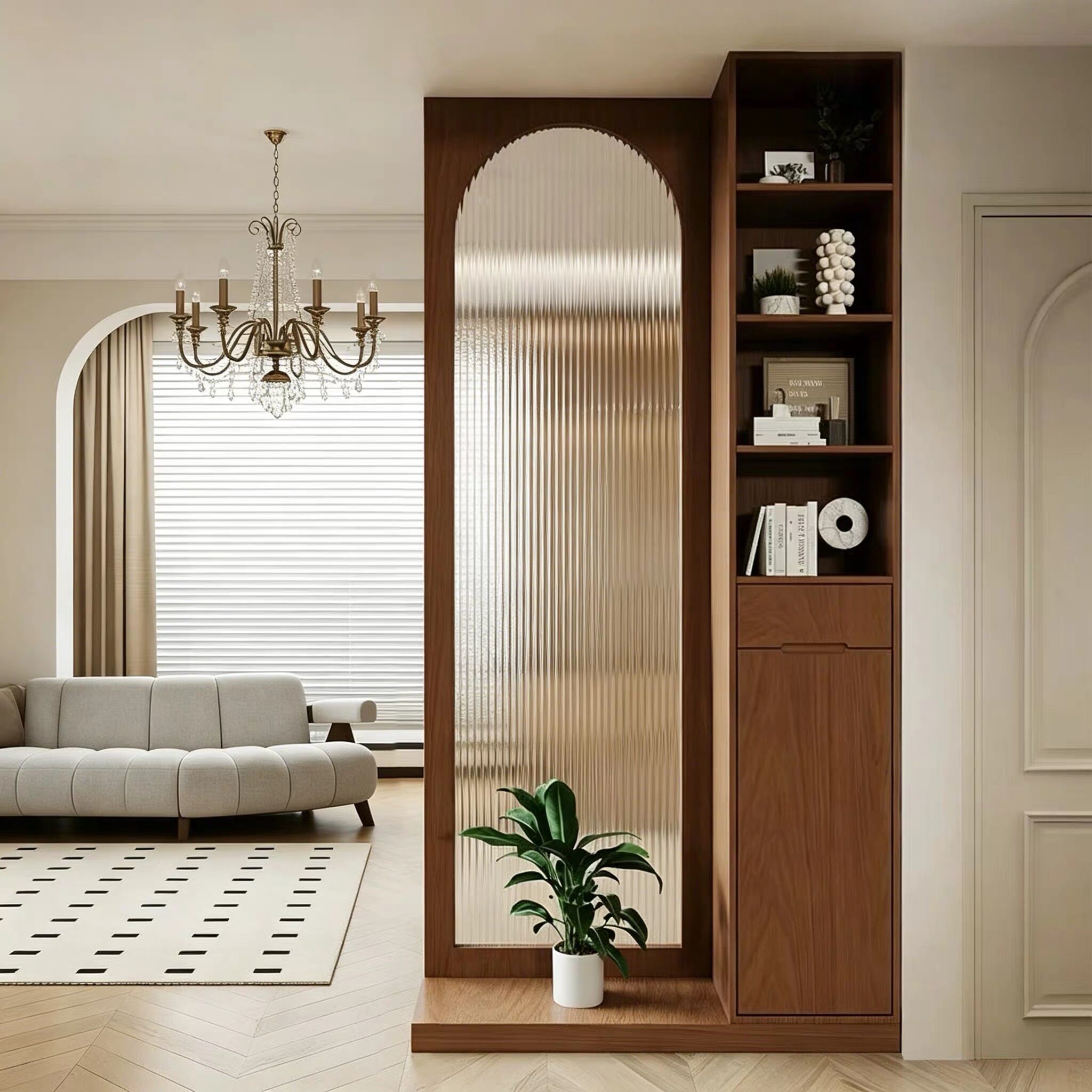 中古风实木法式风屏风隔断柜客厅遮挡间厅柜收纳柜带玻璃定制简约