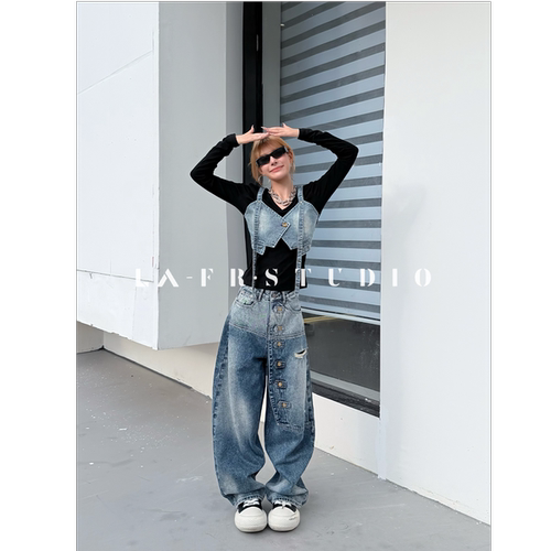 美式复古排扣拼接显瘦牛仔长裤