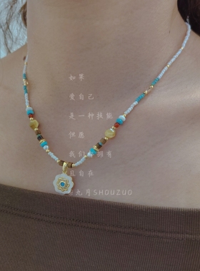 波西米亚天然石太阳花锁骨链女