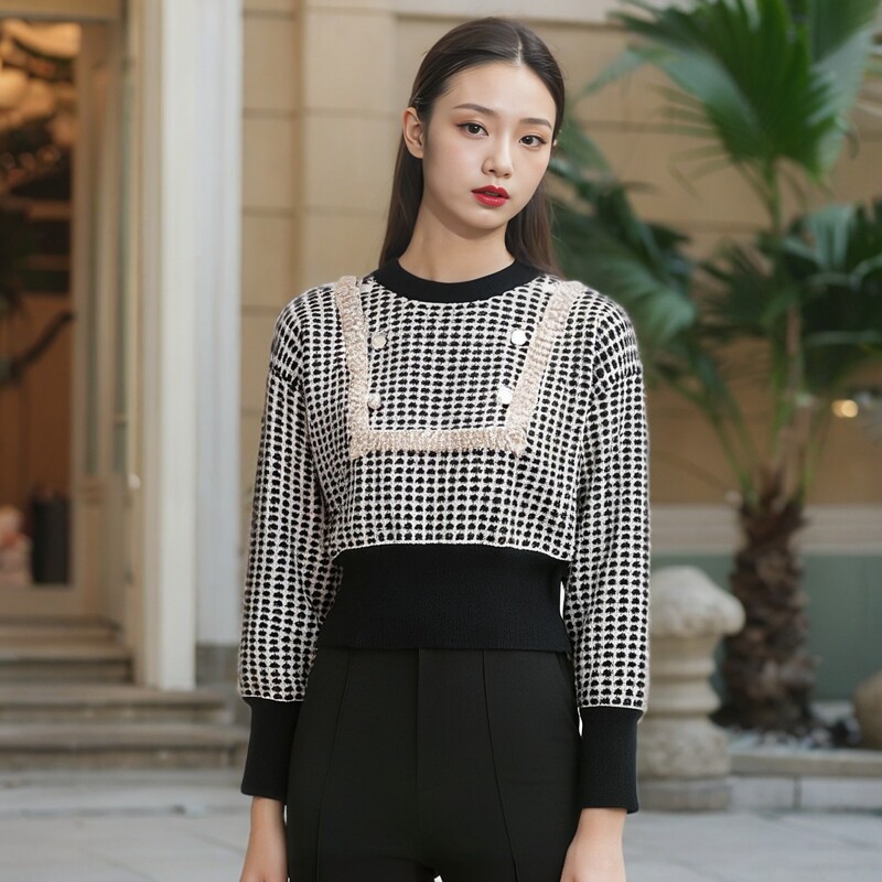 小众设计师品牌春款套头圆领镶钻短款修身显瘦蝙蝠袖毛衣女