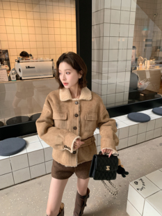 卢西西 纯羊毛冬装外套法式复古小香风复合皮毛一体miu系短款收腰