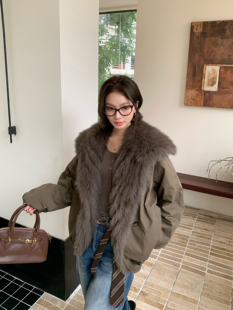 卢西西皮草 巴恩风白鹅绒派克羽绒服女冬宽松狐狸毛毛真皮草外套