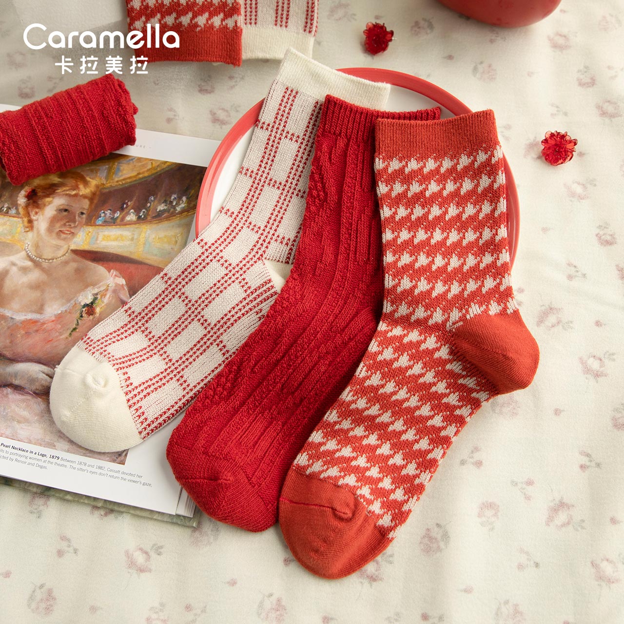 caramella袜子女ins潮秋冬季中长筒红色可爱格纹圣诞新年元旦棉袜