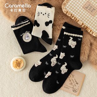 caramella袜子女秋冬新款 女士中筒袜黑色羊毛袜保暖加厚可爱女袜