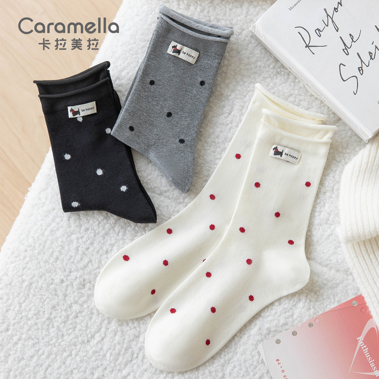 卡拉美拉2025秋冬新款女士袜子中筒袜堆堆袜百搭舒适波点棉袜女袜