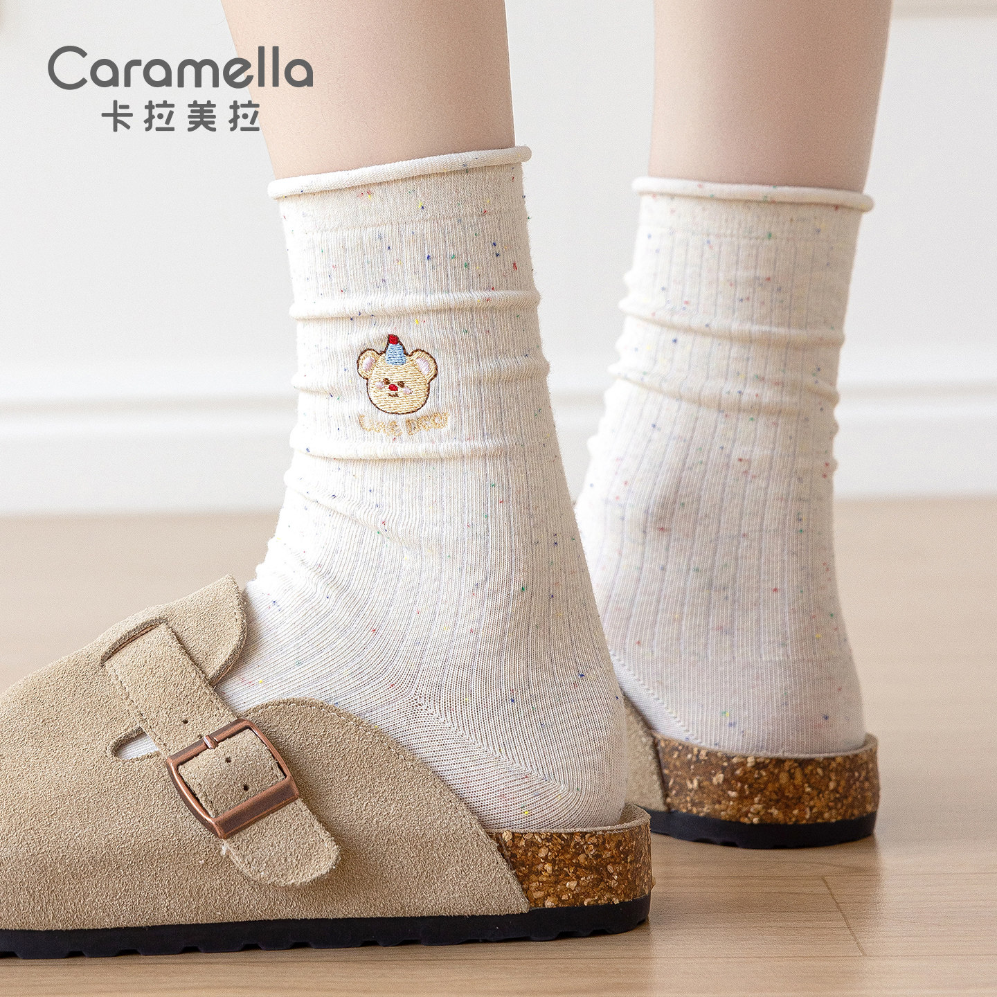 卡拉美拉2025秋冬新款袜子刺绣基础点子纱棉袜韩系百搭简约中筒袜