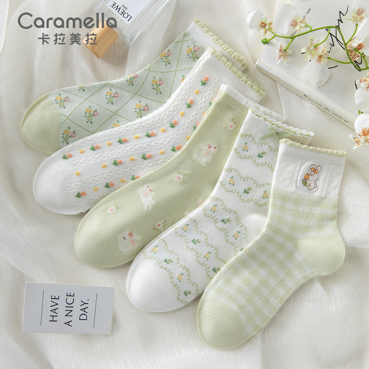 caramella竹纤维可爱中筒女袜