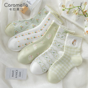 caramella袜子女中筒袜搭配小皮鞋 女袜透气可爱甜美长袜 春秋薄款