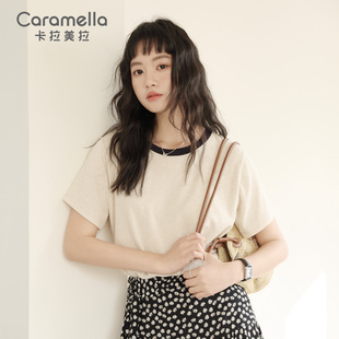 caramella2025夏季 T恤女轻薄透气条纹撞色上衣 新款 简约亚麻棉短袖