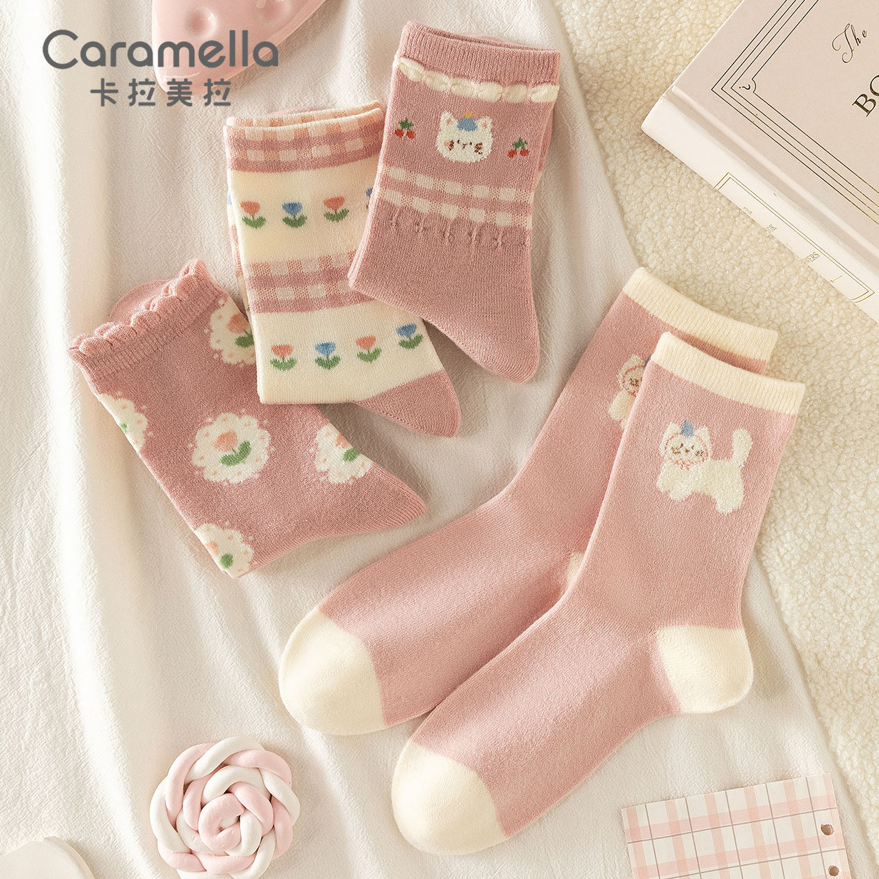 caramella袜子女秋冬新款羊毛袜女款冬季女士中筒袜可爱卡通