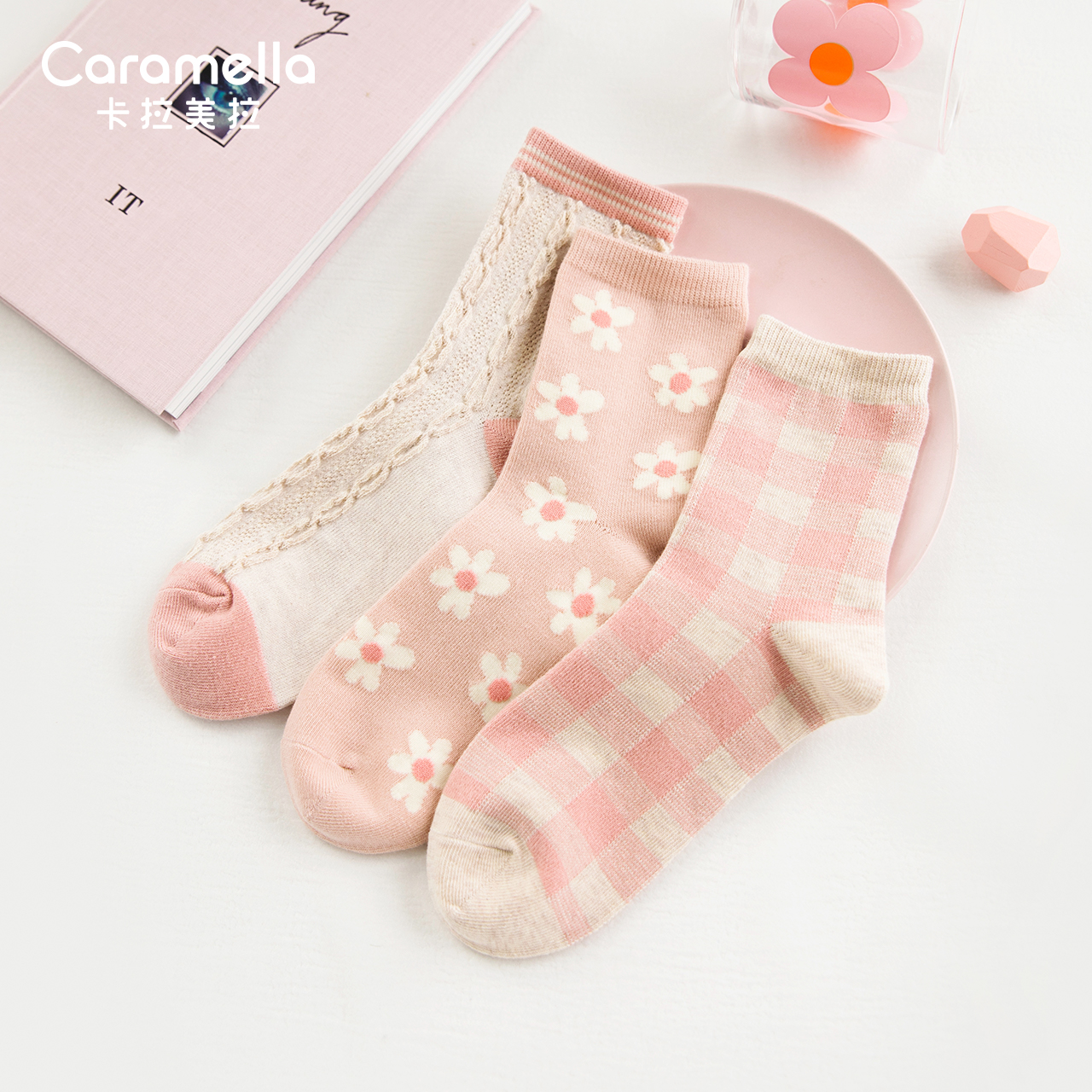 caramella袜子女ins潮秋冬季粉色中长筒日系可爱网红少女心棉袜子
