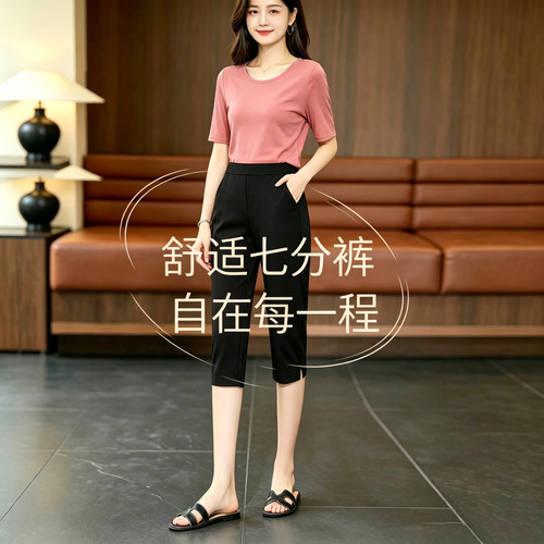 夏季黑色高腰显瘦直筒七分裤女