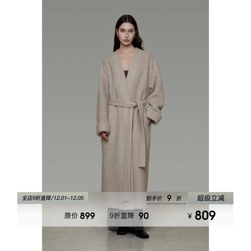 UNSPOKEN浴袍羊毛呢子大衣女冬季高级感长款系带宽松厚毛呢外套