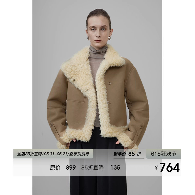 UNSPOKEN巴恩风皮毛一体外套女冬2026新款加绒加厚大翻领夹克上衣