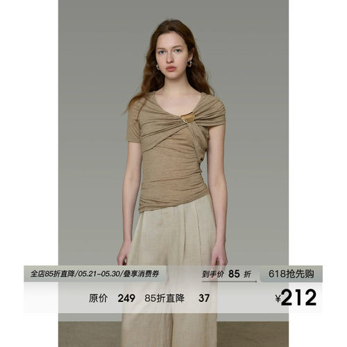 UNSPOKEN金属扣针织衫女高级设计感小众交叉扭褶显瘦气质短袖上衣
