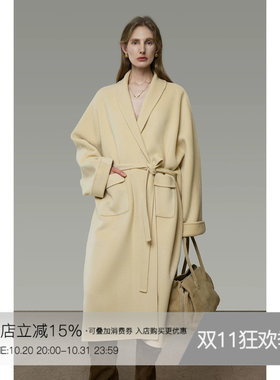 UNSPOKEN青果领毛呢外套女100羊毛气质高级感浴袍式双面呢子大衣