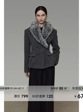 UNSPOKEN大翻毛领拼接毛呢外套女冬季收腰显瘦双排扣单面呢大衣