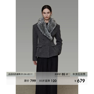 UNSPOKEN大翻毛领拼接毛呢外套女冬季收腰显瘦双排扣单面呢大衣