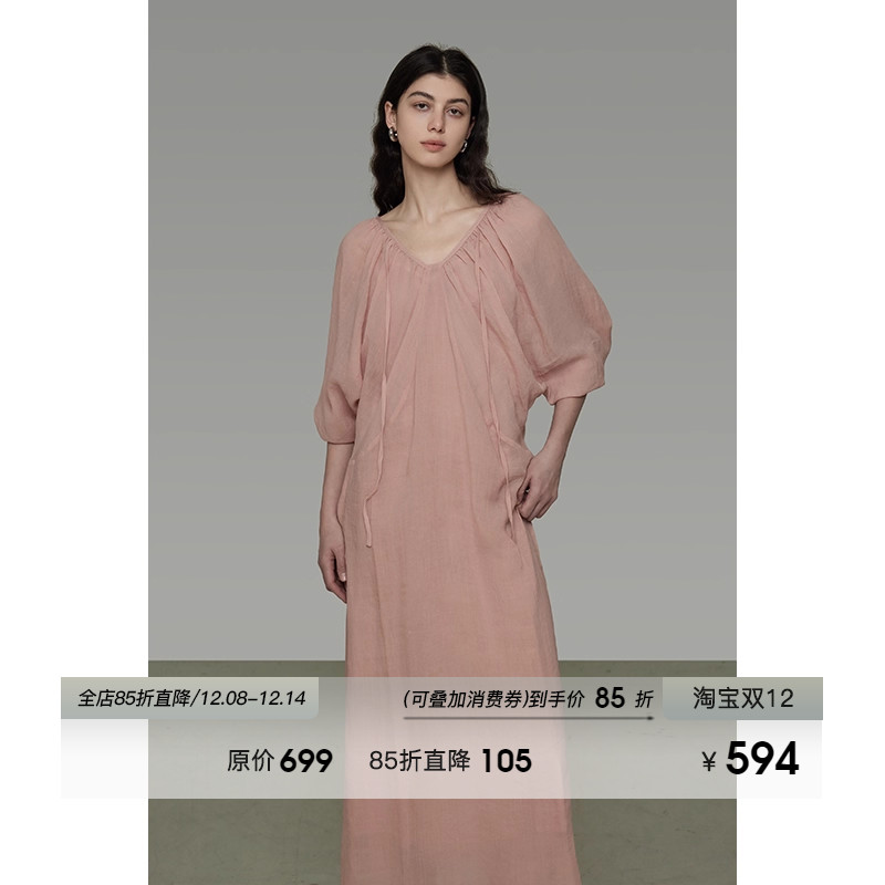 UNSPOKEN法式亚麻连衣裙女2025夏季新款慵懒松弛感灯笼袖v领长裙