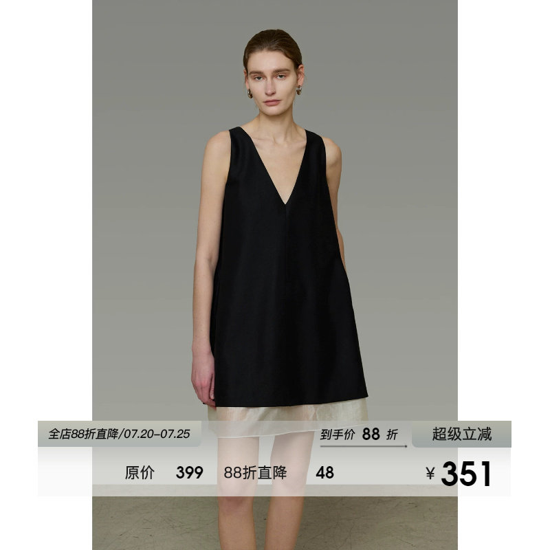 UNSPOKEN撞色无袖连衣裙V领小众设计感宽松中裙法式气质显瘦裙子