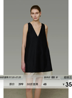 UNSPOKEN撞色无袖连衣裙V领小众设计感宽松中裙法式气质显瘦裙子
