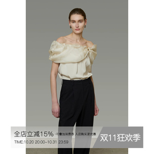 UNSPOKEN一字肩衬衫女短袖小众设计感法式定点堆领松弛感气质上衣