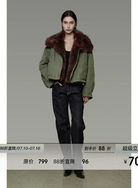 UNSPOKEN拼接毛领棉服外套冬季宽松设计感加厚短款夹克夹棉外套