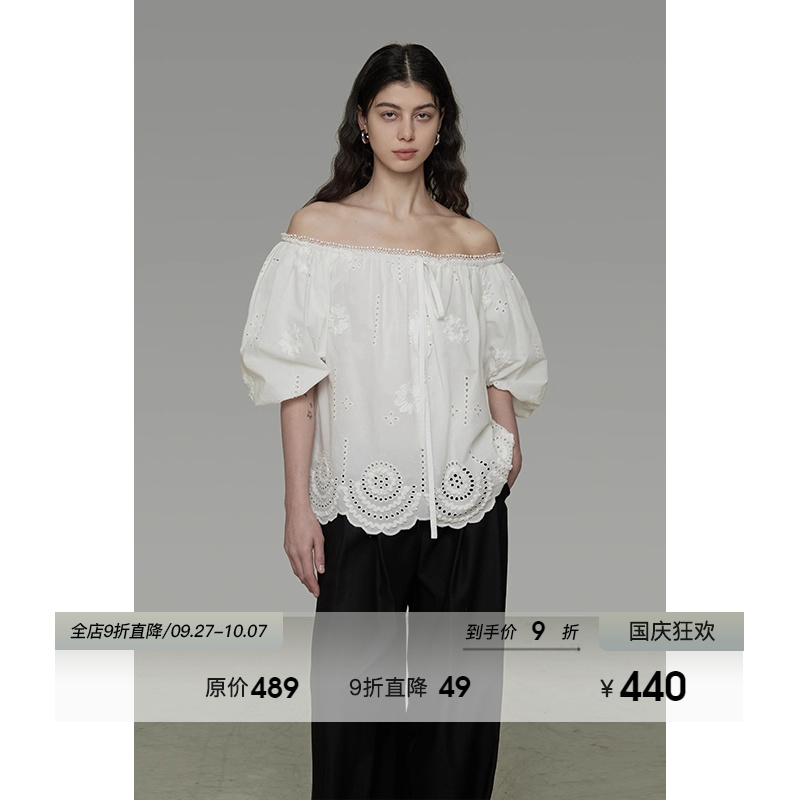 UNSPOKEN刺绣镂空一字领衬衫女夏季2025新款气质高级感露肩上衣