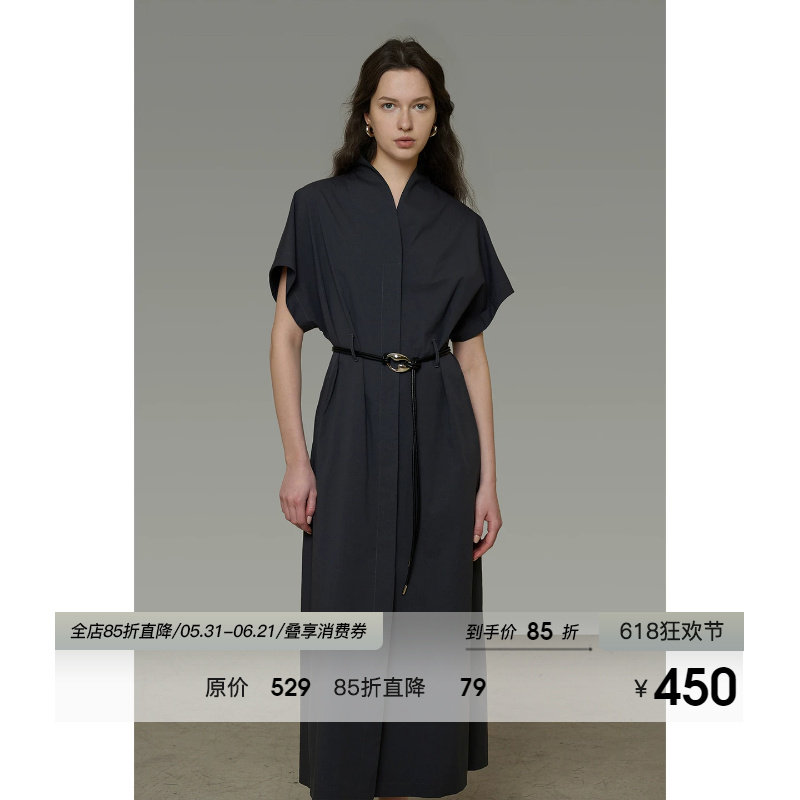 UNSPOKEN高级感衬衫连衣裙短袖收腰气质法式腰带设计感深灰色长裙