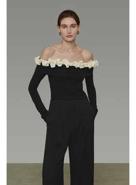 UNSPOKEN撞色木耳边针织衫一字肩柔美灵动长袖修身上衣女2026新款