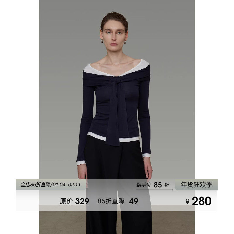 UNSPOKEN假两件一字肩针织衫女2026春季新款设计感撞色系带上衣,女装/女士精品,毛针织衫,淘宝优惠券,粉丝福利购,淘宝优惠卷