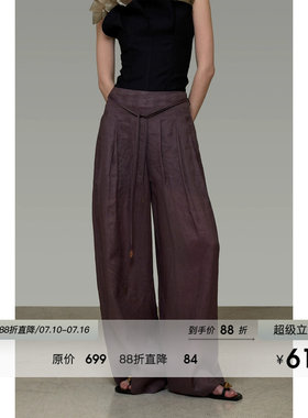 UNSPOKEN高级感休闲裤女绑带设计气质百搭打褶阔腿裤宽松显瘦长裤
