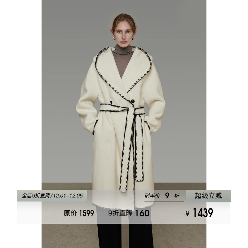 UNSPOKEN100羊毛撞色连帽双面呢大衣女冬季慵懒感中长款毛呢外套