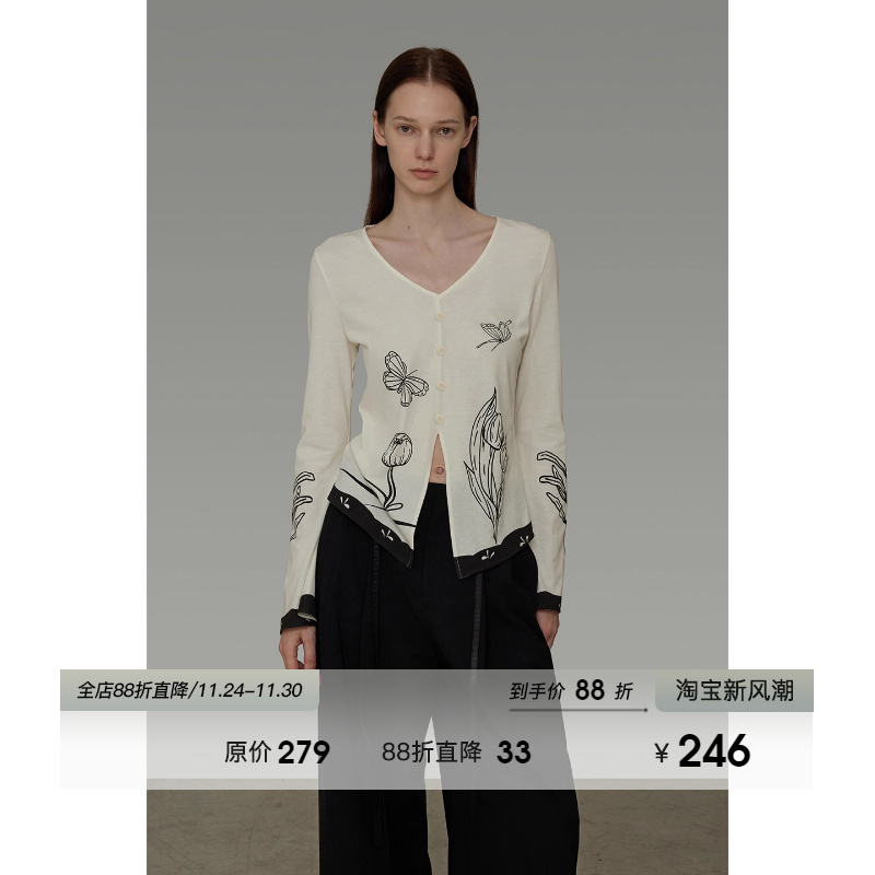 UNSPOKEN设计感印花V领针织衫