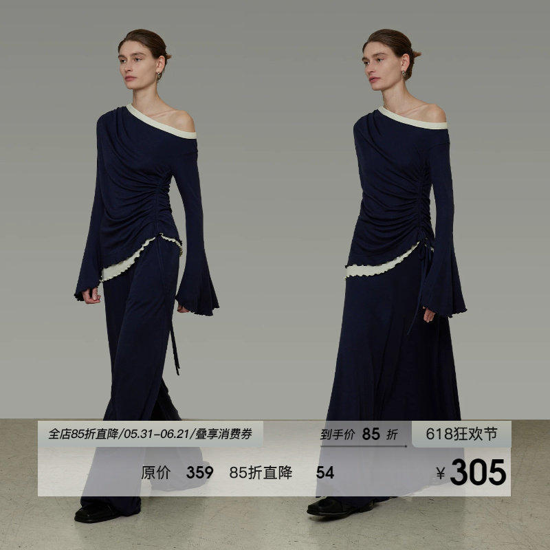 UNSPOKEN时尚休闲套装女春季撞色斜肩针织衫休闲裤垂感半裙三件套