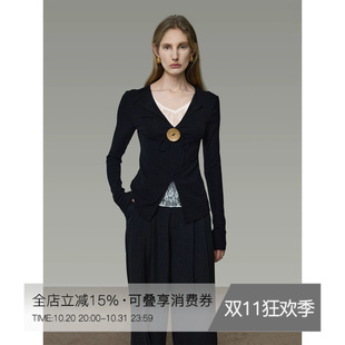 UNSOPKEN黑白撞色蕾丝拼接针织衫女长袖修身气质法式收腰气质上衣