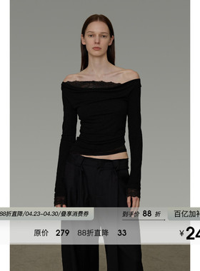UNSPOKEN蕾丝拼接一字肩针织衫女2026春季新款简约高级感修身上衣