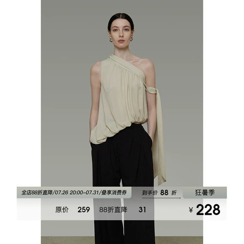 UNSPOKEN法式不规则斜肩上衣女夏季无袖外穿设计感飘带背心吊带