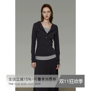 UNSPOKEN连帽针织上衣女高腰显瘦半身裙宽松长裤气质设计感三件套