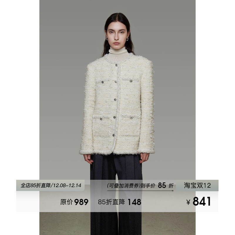 UNSPOKEN法式经典小香风外套女冬季宽松显瘦简约设计感粗花呢上衣