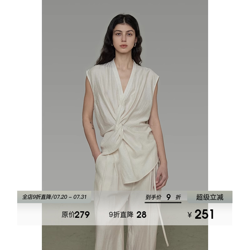 UNSPOKEN无袖交叉扭结V领衬衫女2025夏季新款小众简约气质上衣
