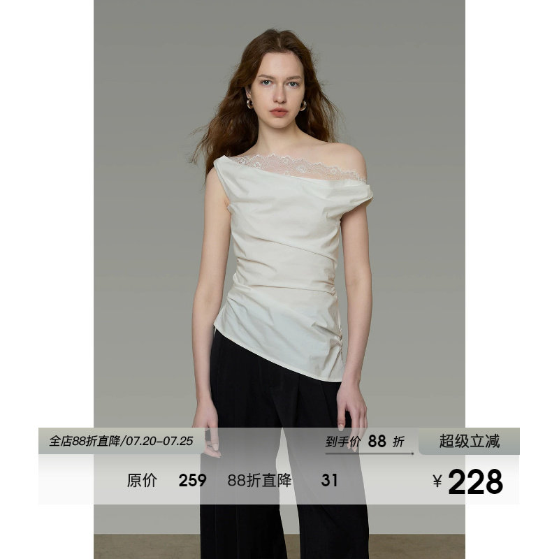 UNSPOKEN法式斜肩上衣女短袖蕾丝拼接设计感小众显瘦气质套头衬衫