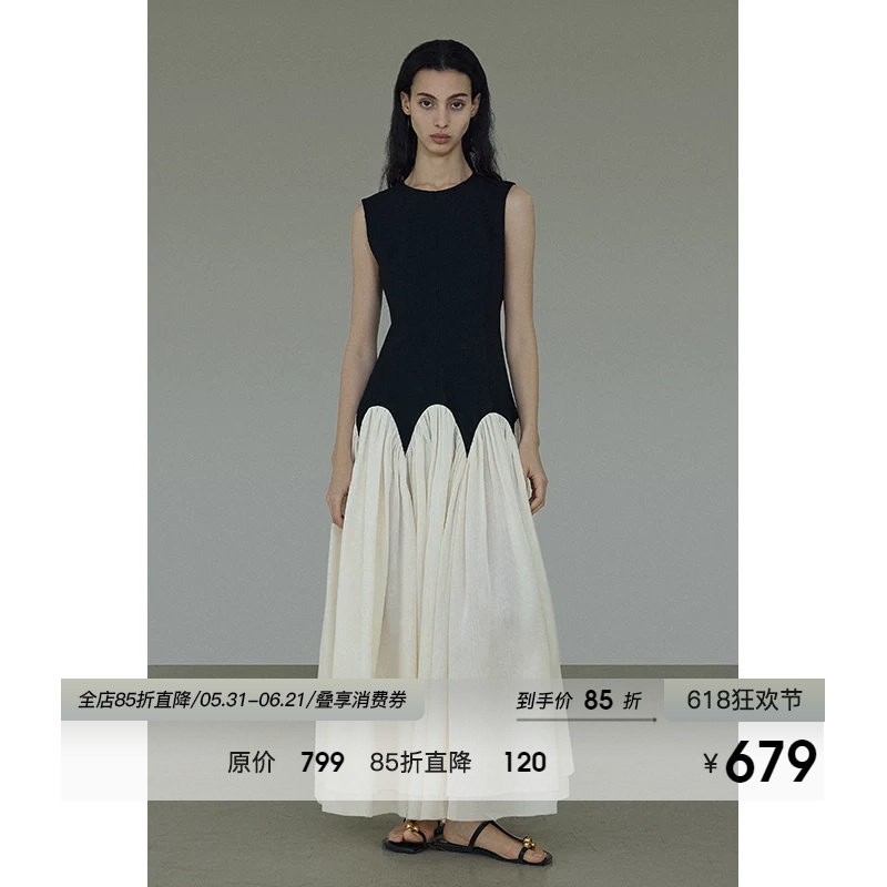 UNSPOKEN圆领无袖连衣裙女设计感小众高级法式拼接撞色显瘦长裙子