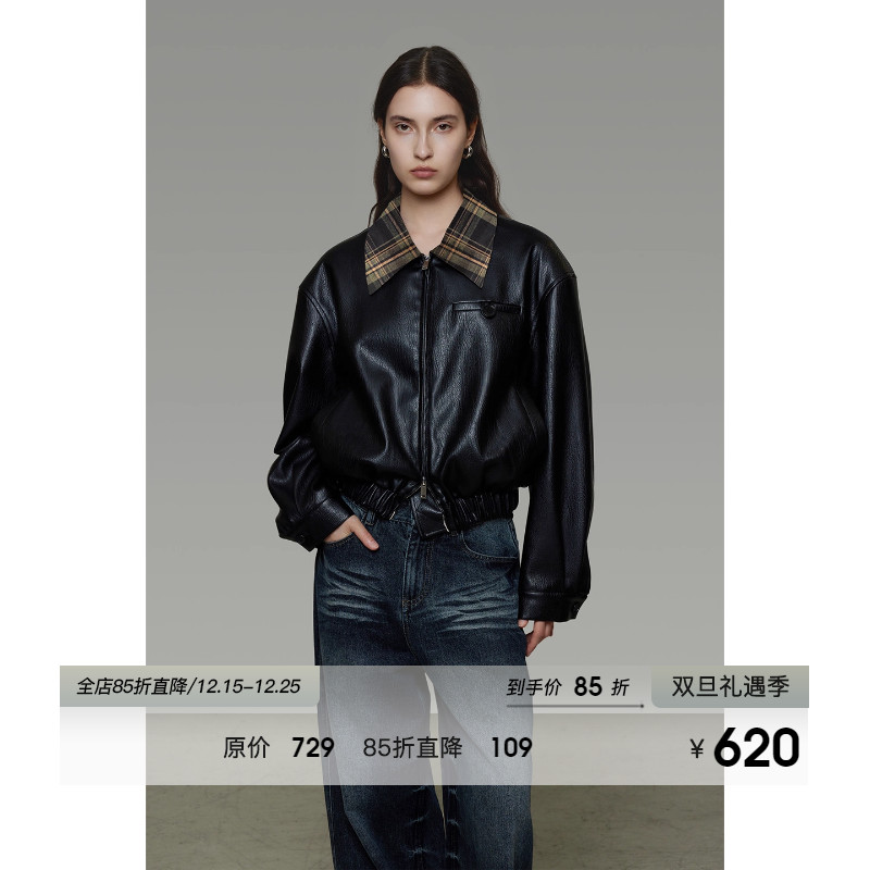 UNSPOKEN经典格纹拼接翻领皮衣外套女秋季宽松设计感短款机车夹克