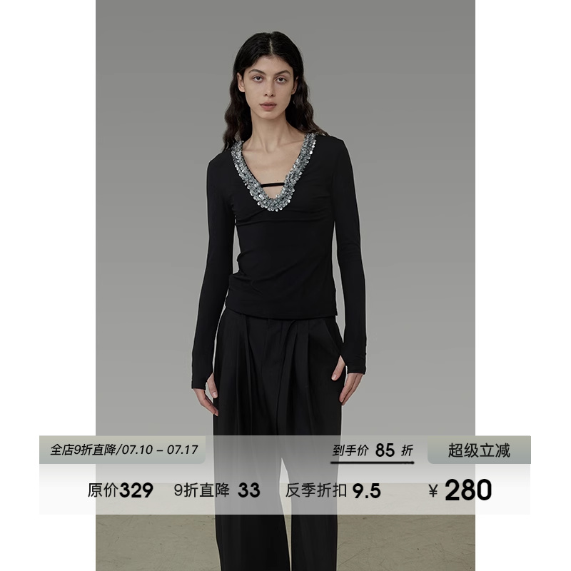 UNSPOKEN设计感拼接亮片V领针织衫女秋季2025新款显瘦修身上衣